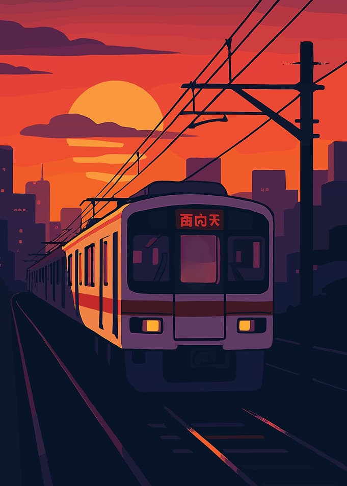 Retro Sunset Japanese Train