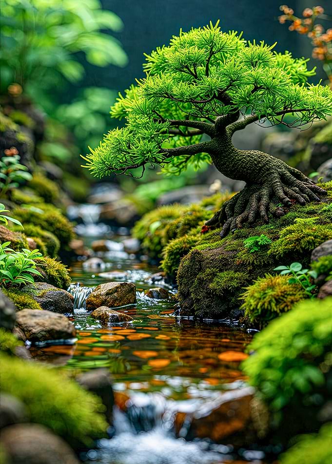 Bonsai tree by a stream