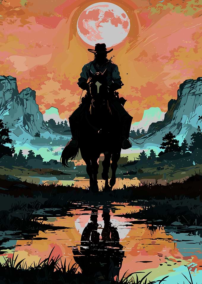 Cowboy Riding Horse Under Full Moon
