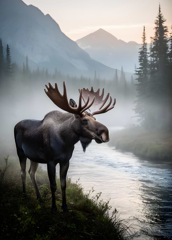 Majestic Moose by a Misty River