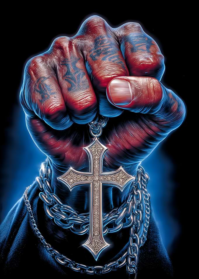 Fist with Cross Necklace and Chains