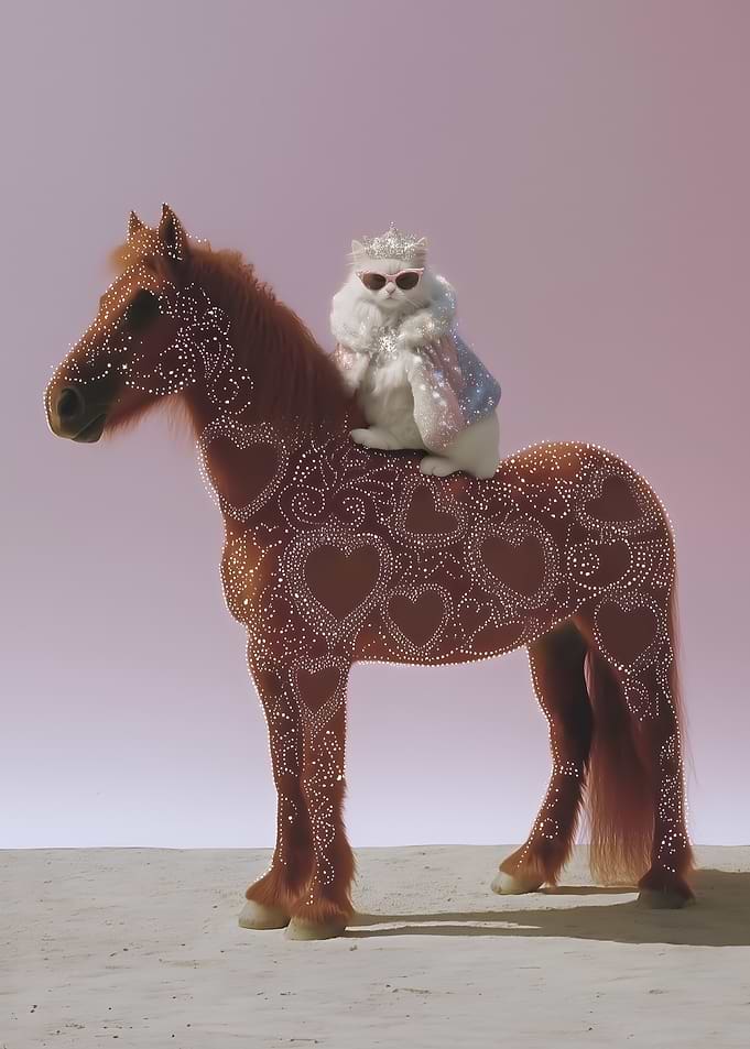 Regal Cat Riding a Decorated Horse
