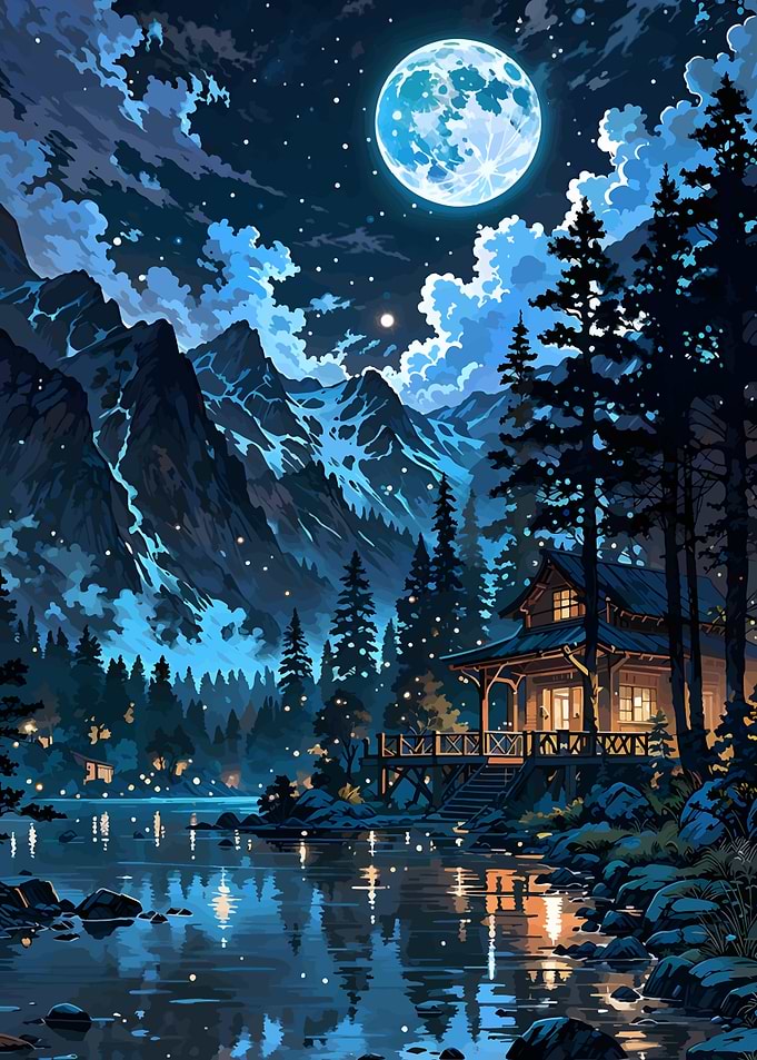 Moonlit Mountain Cabin by Lake
