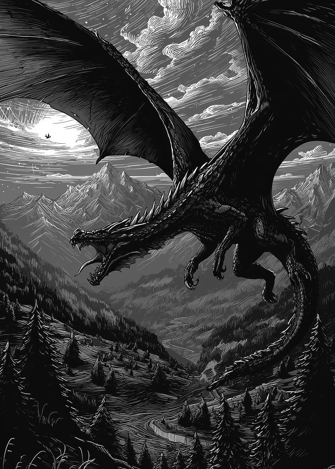 Dragon Flying Over Mountains