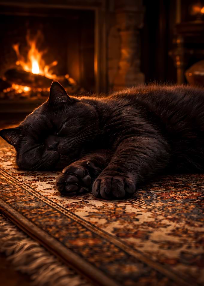 Chubby Black Cat Sleeping by Cozy Fireplace