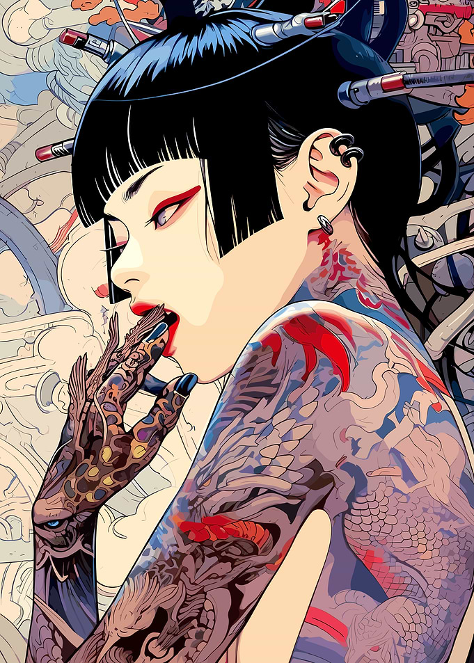Tattooed Geisha with Cyberpunk Elements