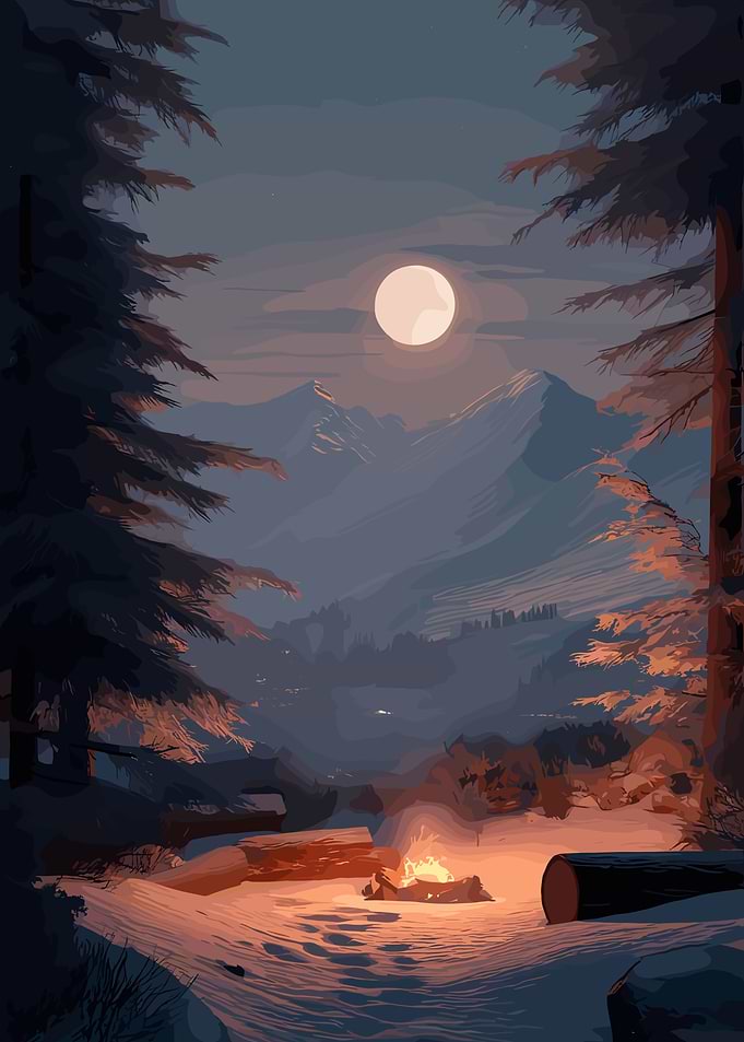 Moonlit Mountain Campfire Scene
