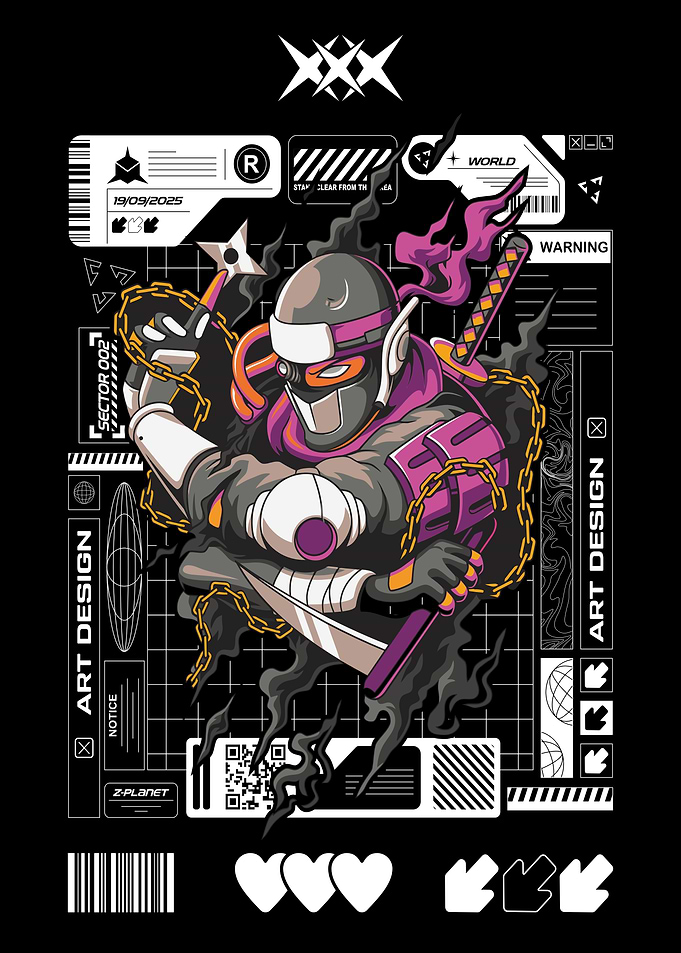 Cyberpunk ninja warrior with katana and shuriken