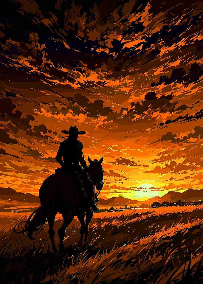 Cowboy on Horse at Sunset