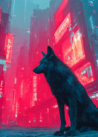 Cyberpunk Wolf in Neon City