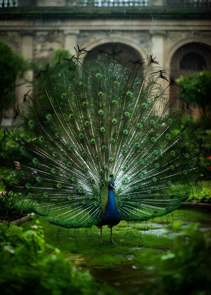 Peacock displaying its feathers in the rain