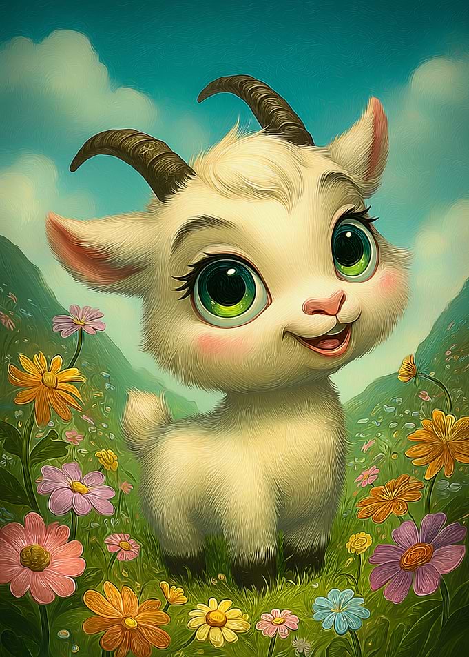 Cute Baby Goat in a Field of Flowers