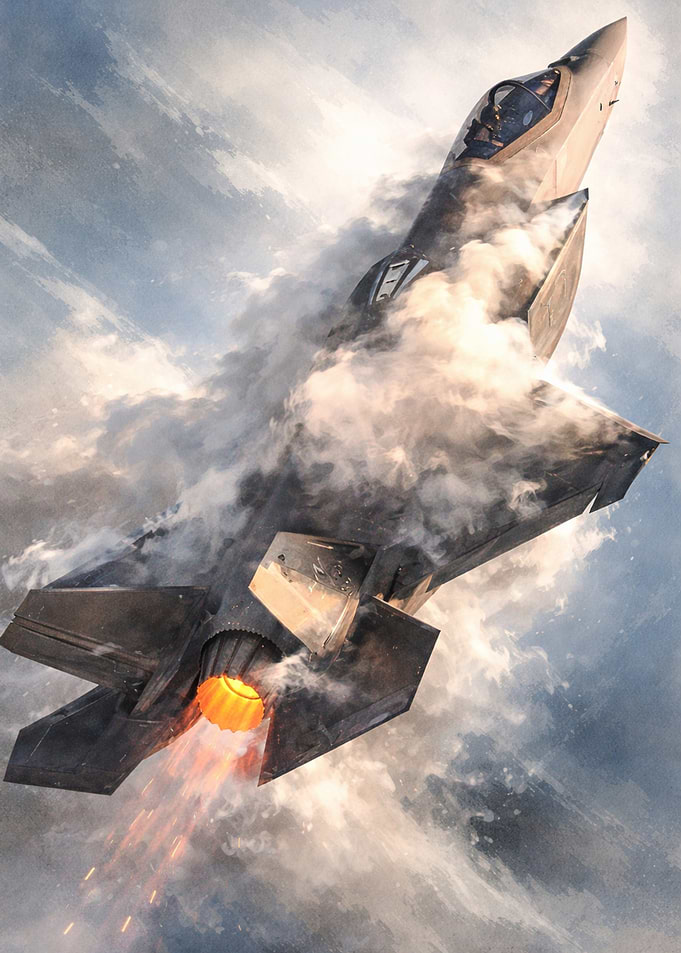 F-35 Fighter Jet Ascending Through Clouds