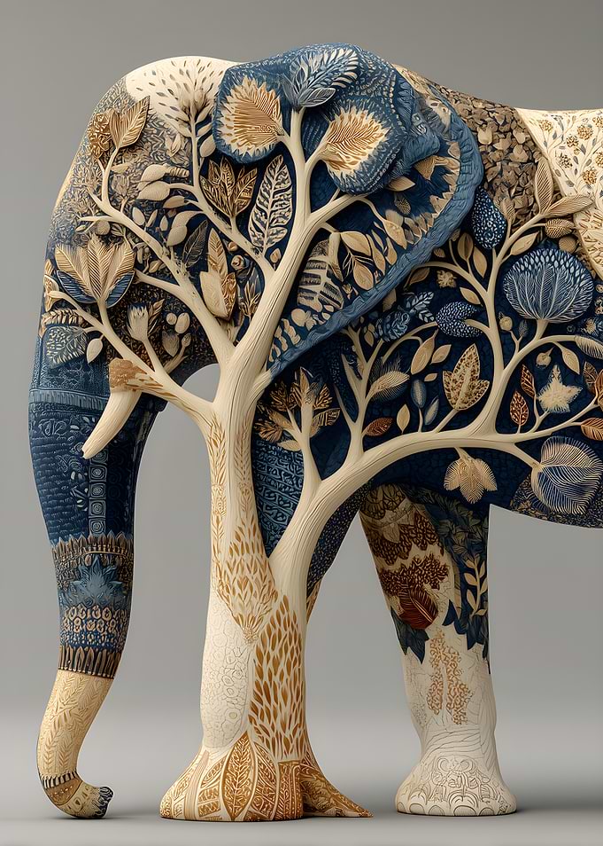 Elephant Sculpture with Tree Motif