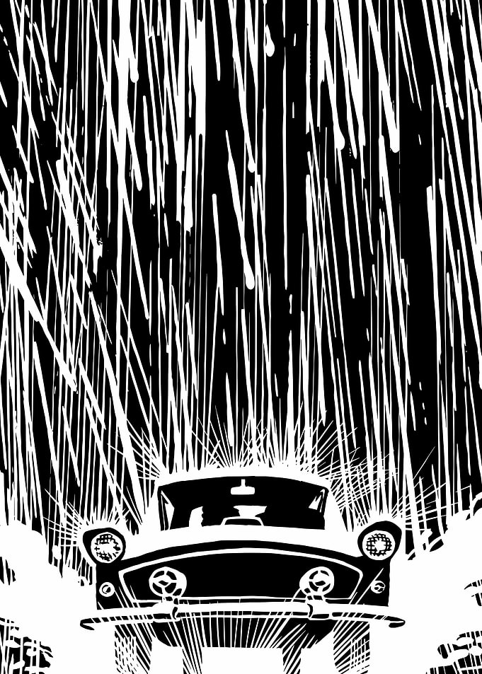 Vintage Car in Heavy Rain