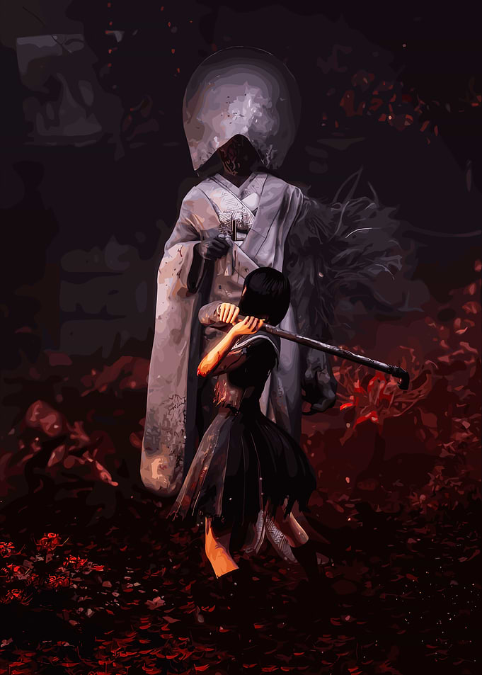 Girl playing flute before a masked figure