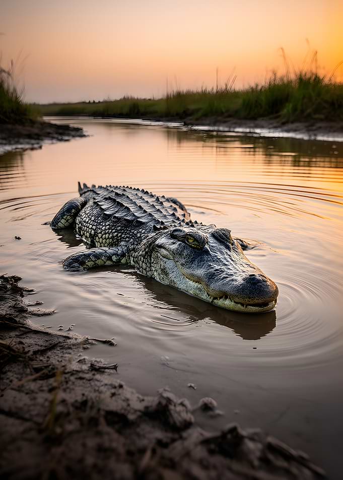 Alligator in Water at Sunset