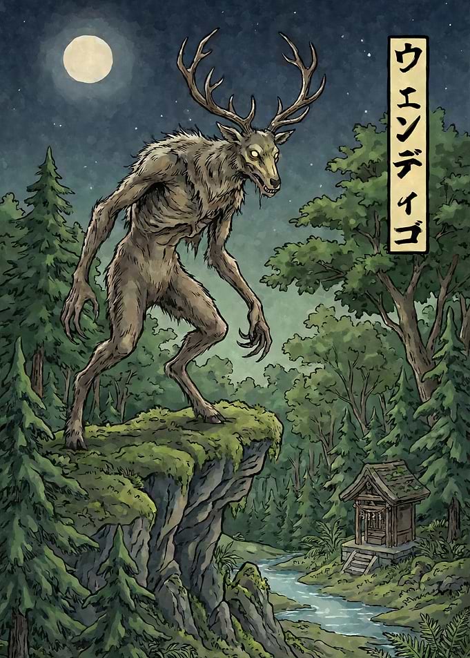 Cryptid Wendigo in a Forest Ukiyo-e