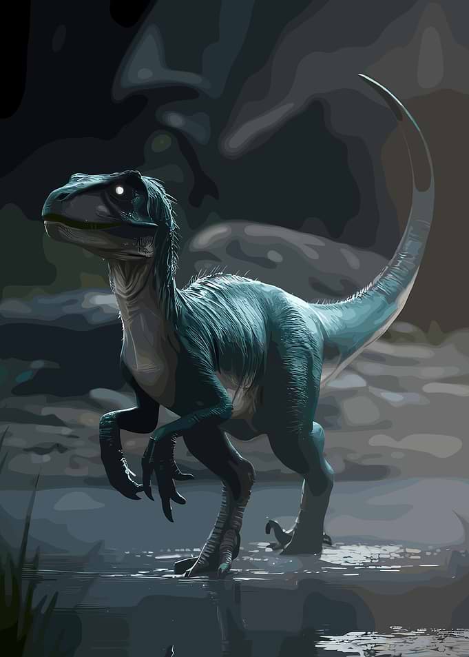 Blue Velociraptor in Dark Water