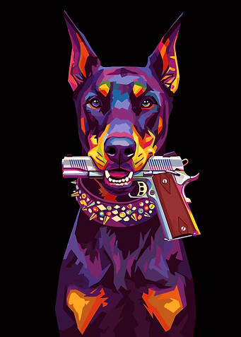 Doberman with Gun in Mouth