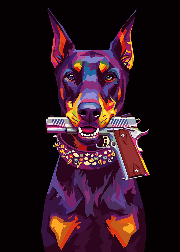 Doberman with Gun in Mouth