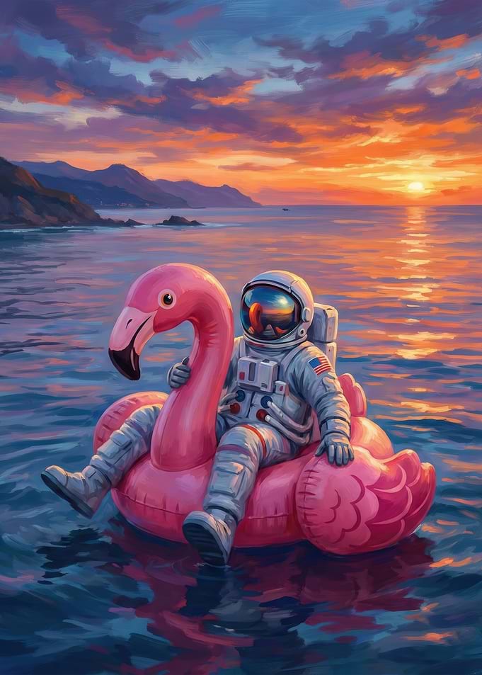 Astronaut on Flamingo Float at Sunset