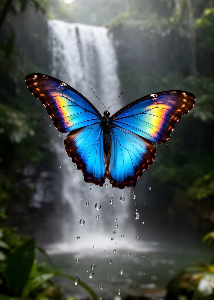 Blue Morpho Butterfly at Waterfall