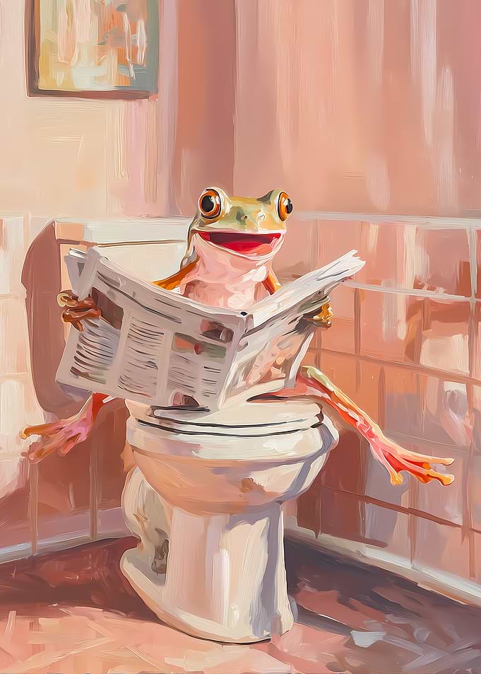 Frog reading newspaper on toilet