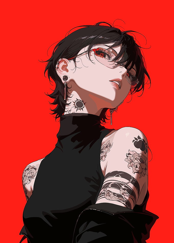 Anime Girl with Tattoos and Red Background