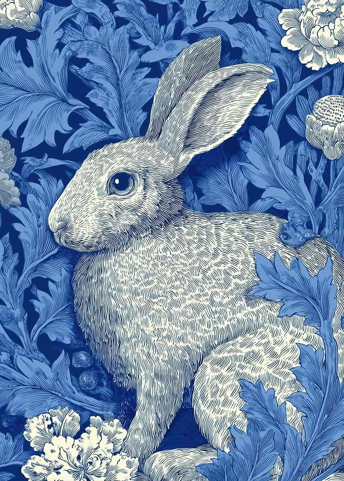 Rabbit in Blue Floral Pattern