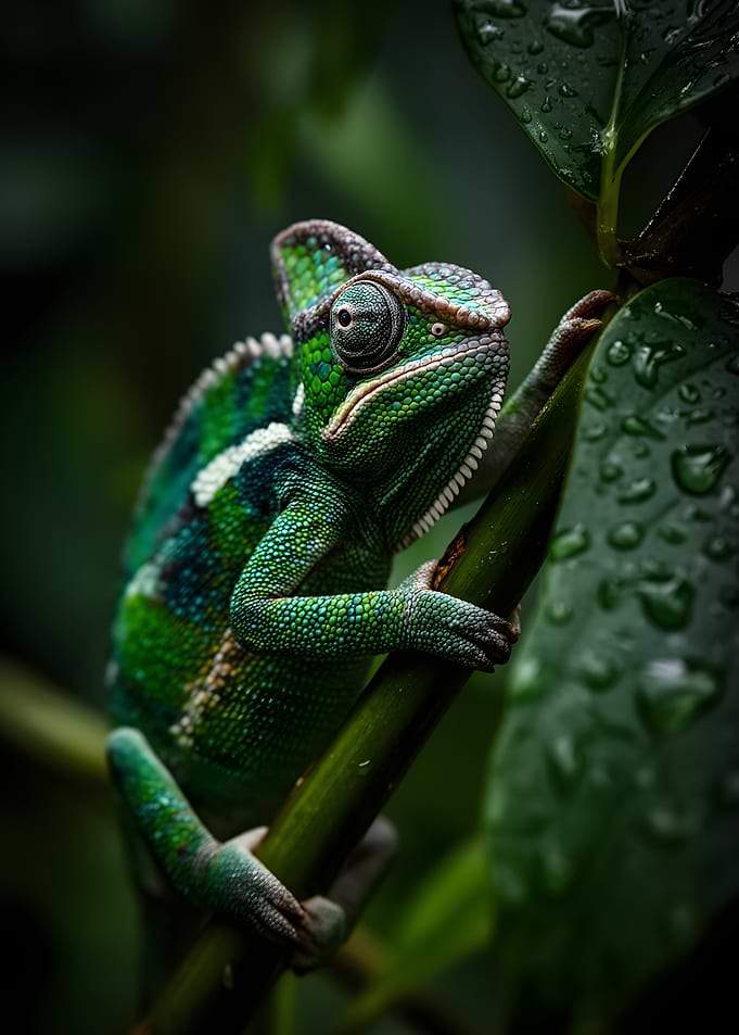 Chameleon on a branch with water droplets