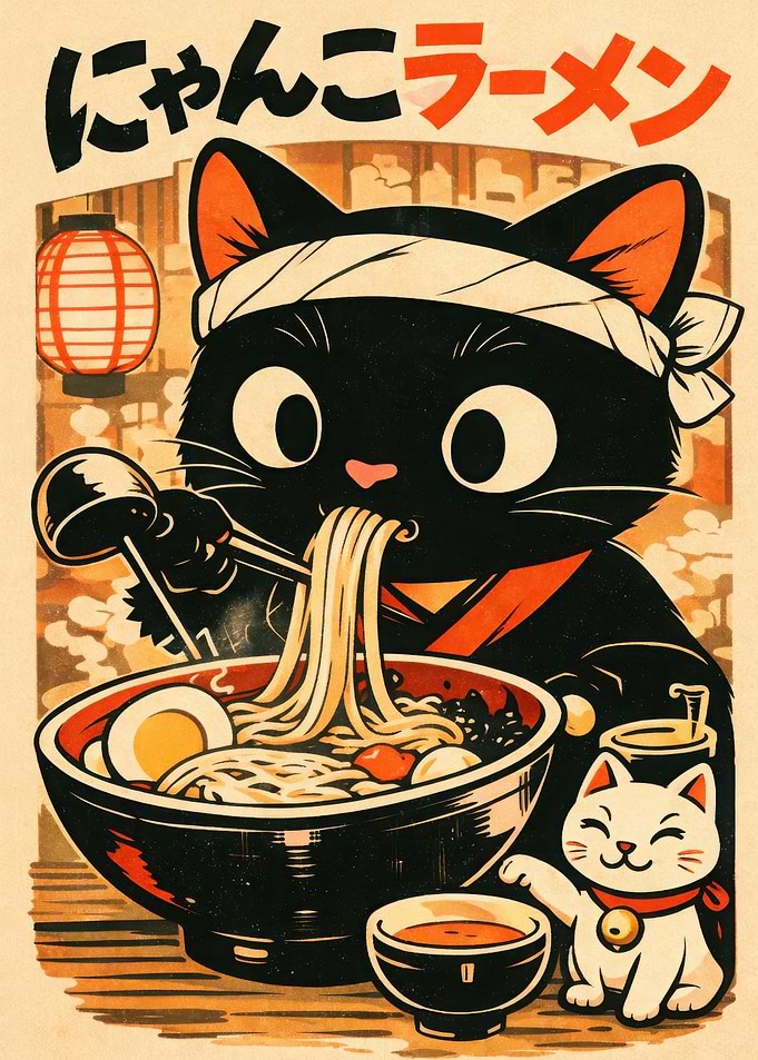 Black Cat Eating Ramen