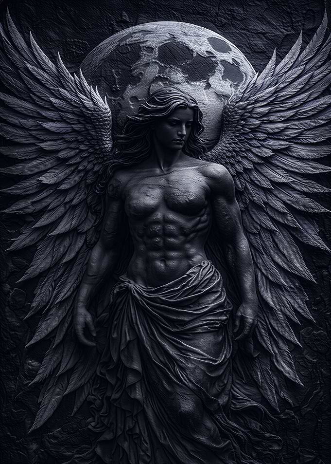 Stone angel with moon backdrop