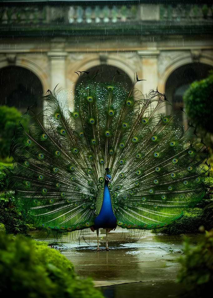 Peacock displaying feathers in the rain
