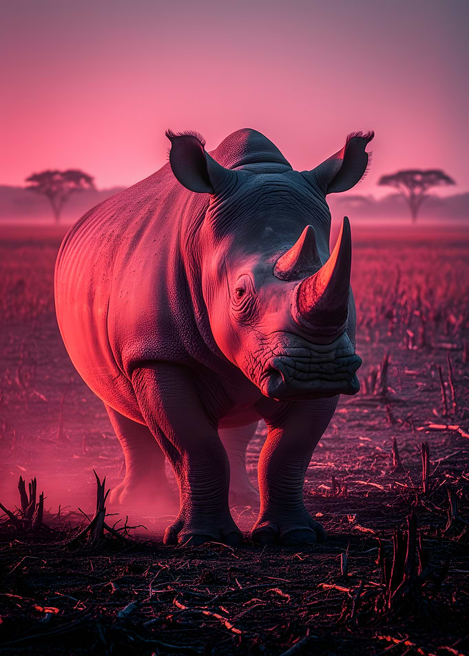 Rhino in Pink Savannah Sunset