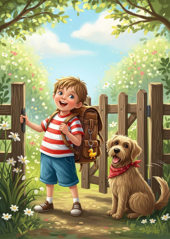 Boy and Dog at Garden Gate