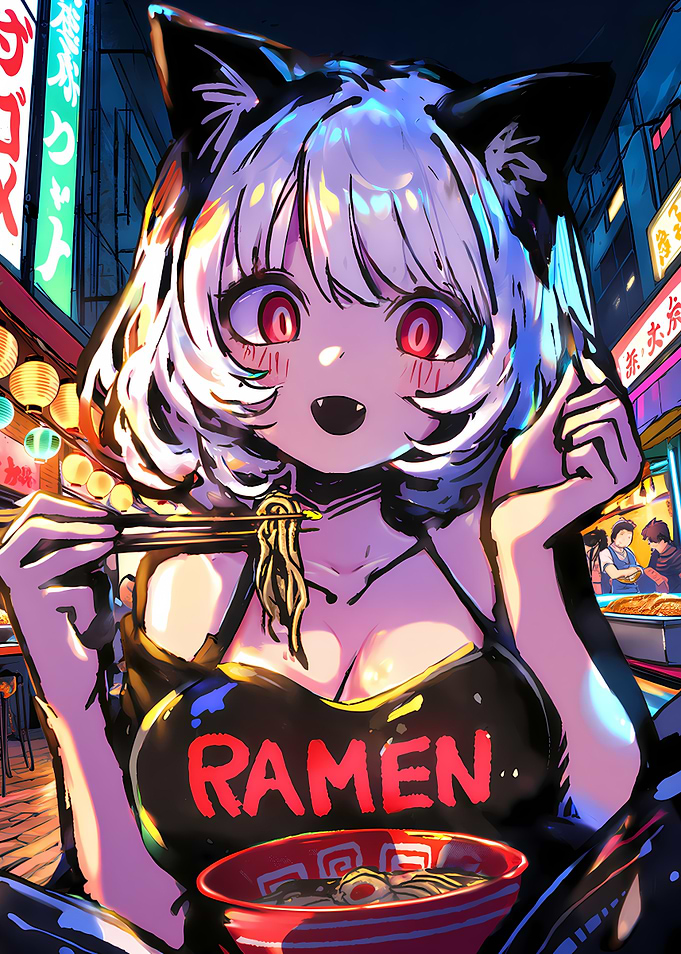 Anime Girl Eating Ramen in Neon City