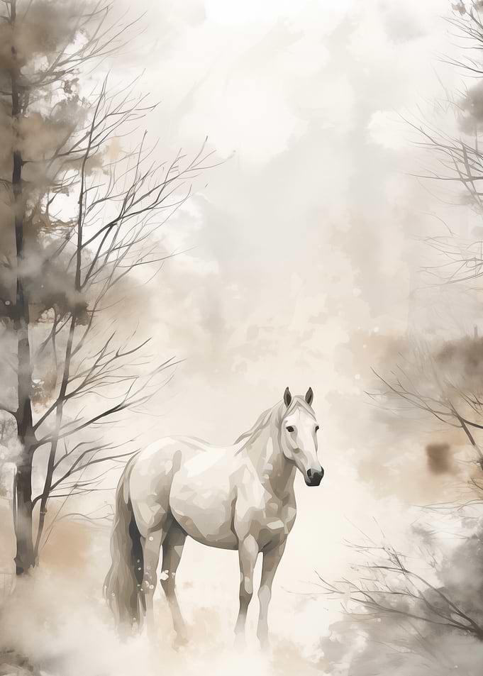 White Horse in Misty Forest