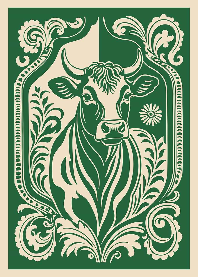 Stylized Bull Portrait with Floral Border