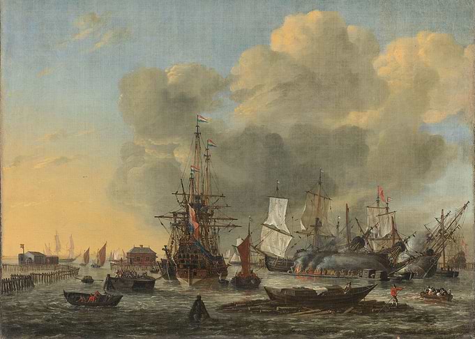 Naval Battle Scene with Burning Ships