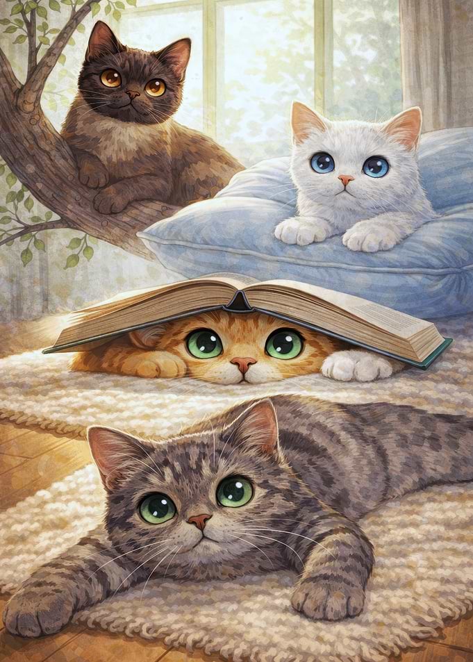 Cute Cats Reading and Relaxing