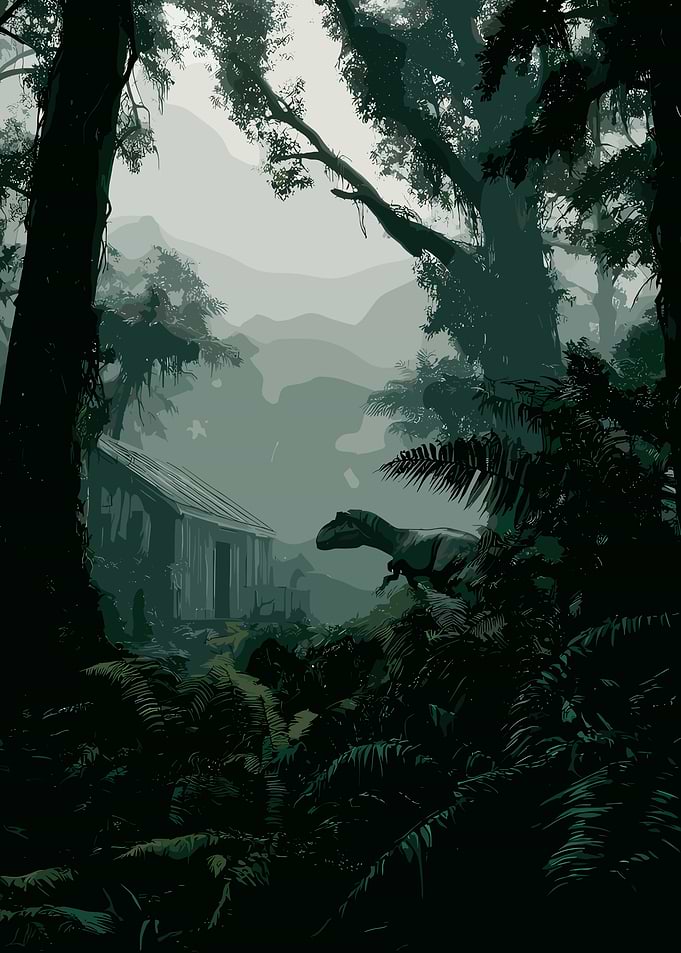 Dinosaur in a Misty Jungle