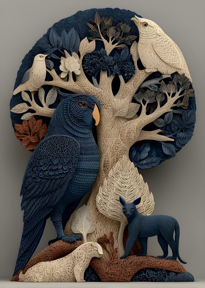 Intricate Nature Scene with Animals and Birds