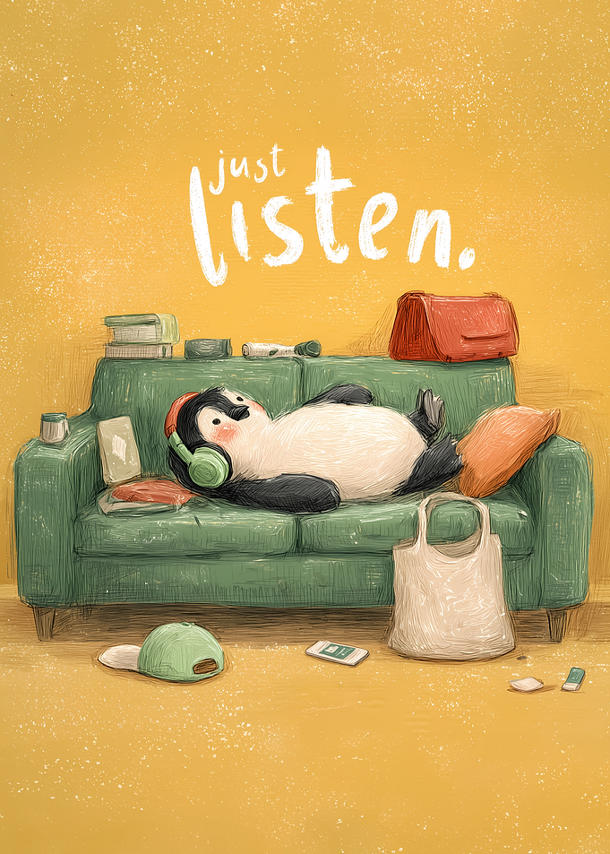 Penguin Listening to Music on Couch