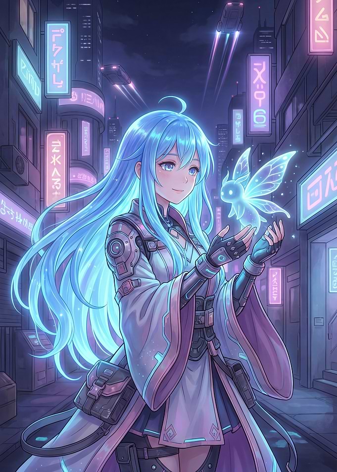 Anime Girl with Fairy in Cyberpunk City