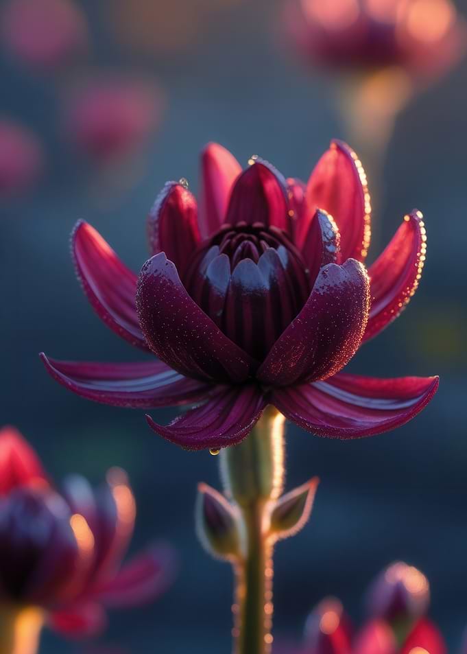 Dark Red Flower with Dewdrops