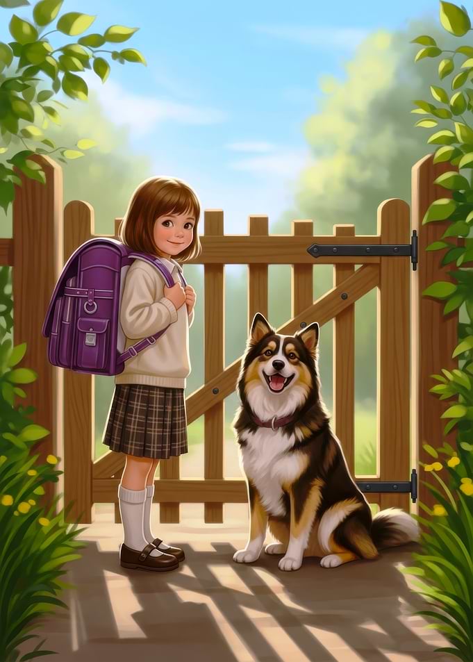 Girl and Dog at Wooden Gate