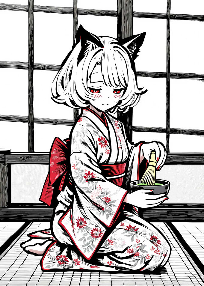 Anime Girl in Kimono Making Matcha