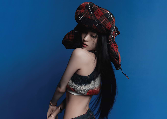 Fashionable allday project in plaid hat and crop top