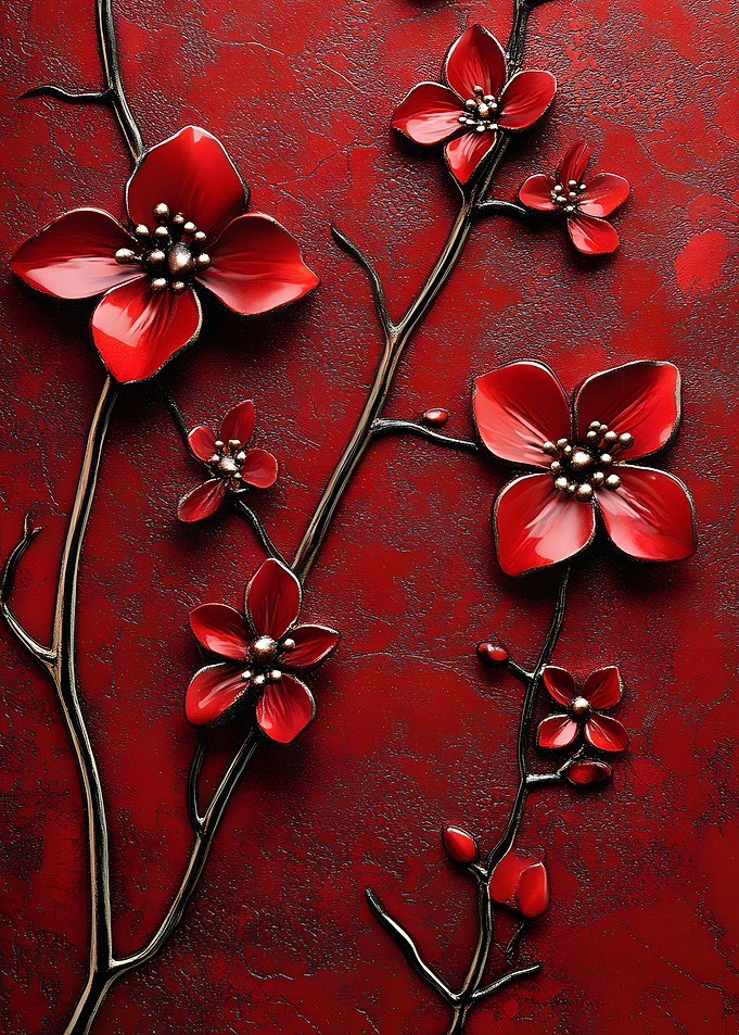 Red Cherry Blossoms on Textured Background
